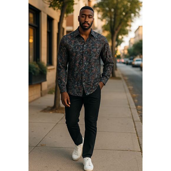 Luchiano Visconti Black 3XLT LS Dress Shirt Black Paisley Print Button Down - Picture 1 of 9